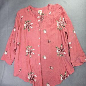 Fig and Flower Blouse Womens 3X Pink Embroidered Floral Button Up Top Boho Rayon